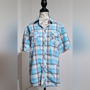 BKE Blue and Gray Plaid Short-Sleeve Button-Down Shirt